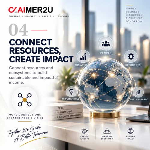 04 Connect resources, create impact. Connect resources and ecosystems to build sustainable and impactful income. More connections, greater possibilities.